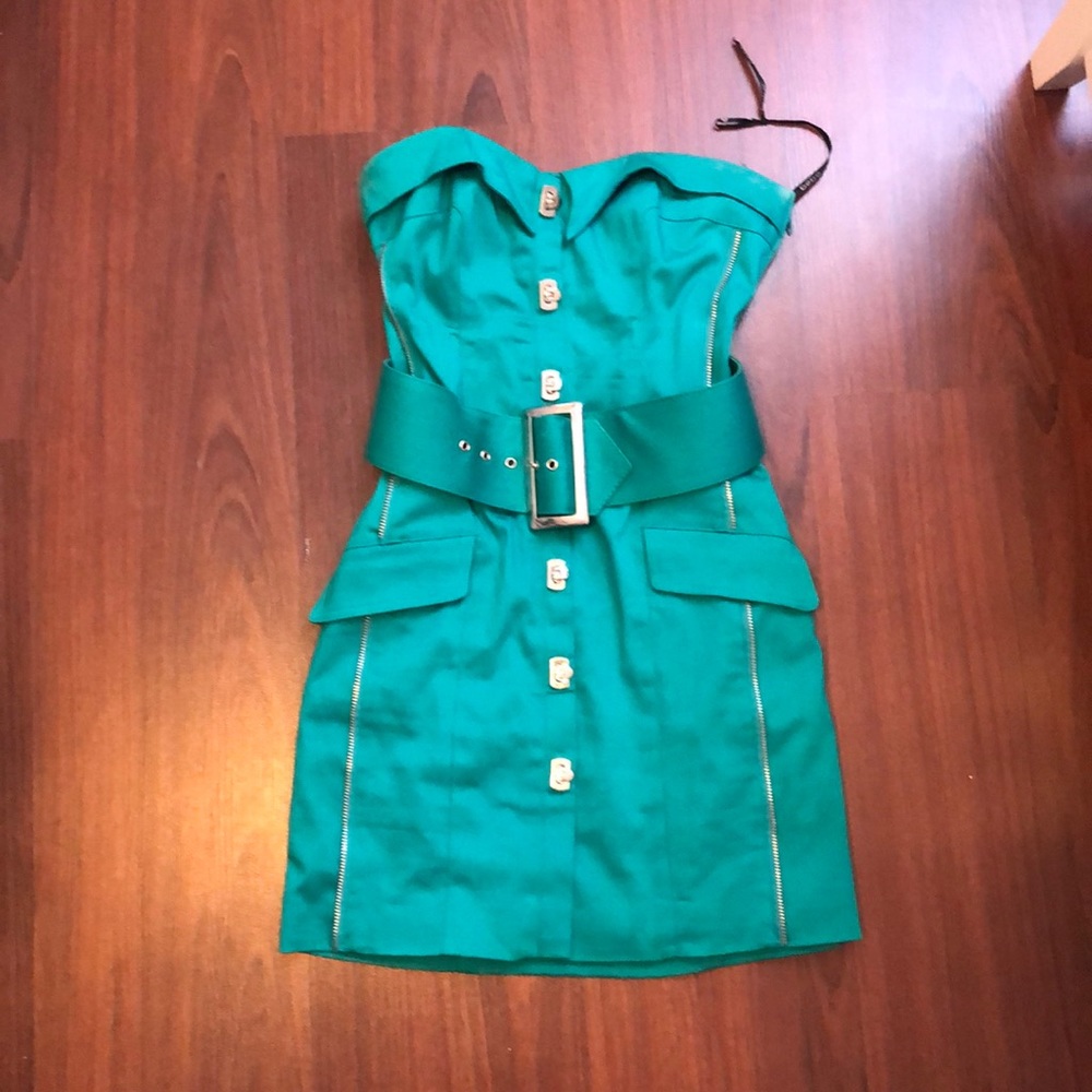 Emerald green strapless Bebe dress